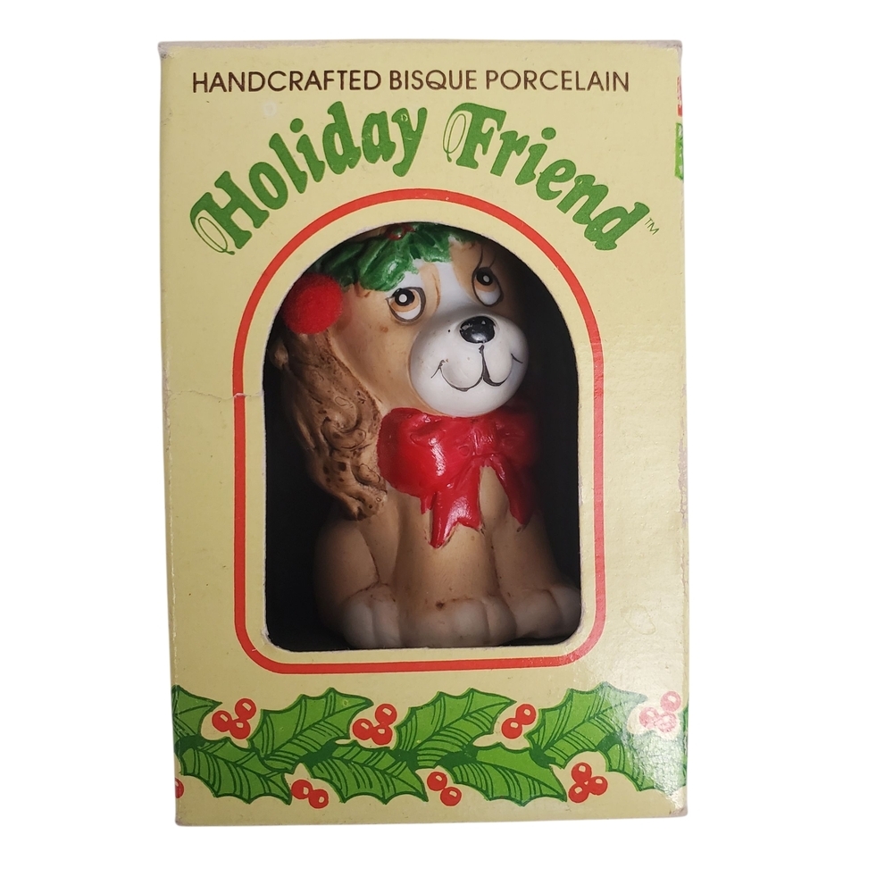Vntg Bisque Porcelain Dog Christmas Ornament w/ Box.
